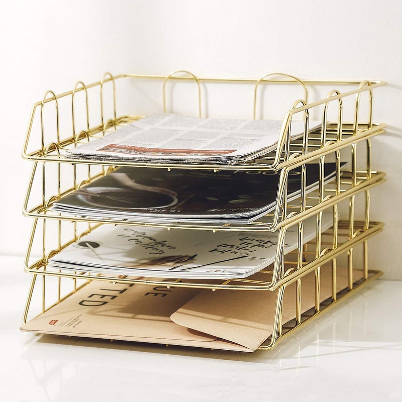 Jolitac Rose Gold 4-Tier Stackable Paper Tray Desk Organizer, Workspace Decorative Stacking Rack Supplies Holder, Metal Letter Trays for File Documents in Home & Office (Gold) - Image 1